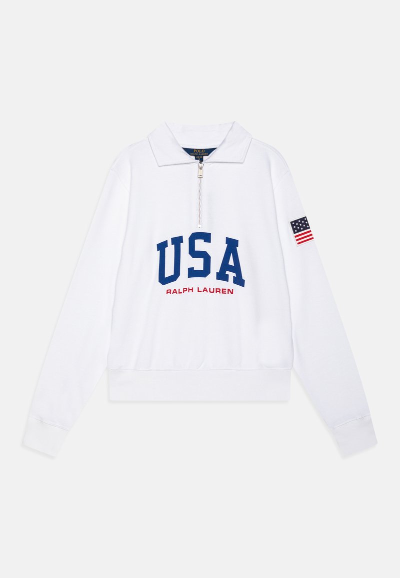 Pullover branco de mangas longas com fecho de correr a um quarto, apresentando "USA" em texto azul e "RALPH LAUREN" em vermelho. Inclui um patch da bandeira americana na manga.