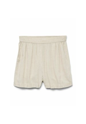 Lys beige shorts lavet af letvægtsstof, med elastisk talje, folder og sidelommer. Glat tekstur med et afslappet design.