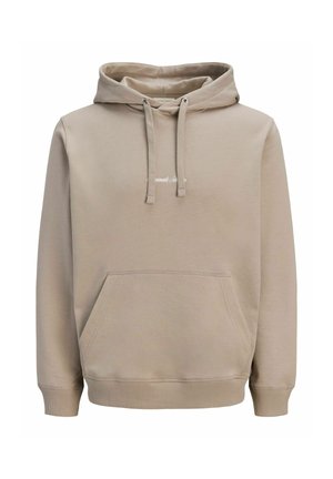 Beige hoodie gemaakt van zachte stof, met een voorzak, verstelbare trekkoord capuchon en een minimalistisch geborduurd logo boven de zak.