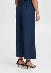 Navy wide-leg trousers with an elastic waistband, smooth texture, and side pockets. Paired with black strappy heels.