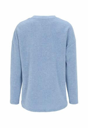 Vaaleansininen ribbineulottu neulepaita pyöreällä pääntiellä, pitkillä hihoilla ja väljä istuvuus. Sileä pinta hillityillä kuvioilla.