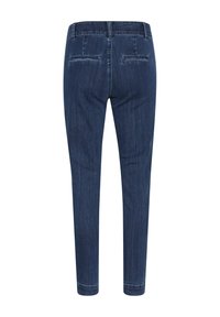Tummansinisiä slim fit -farkkuja, joissa on korkea vyötärö, kaksi takataskua ja sileä denim-pinta. Suljettu nilkasta.