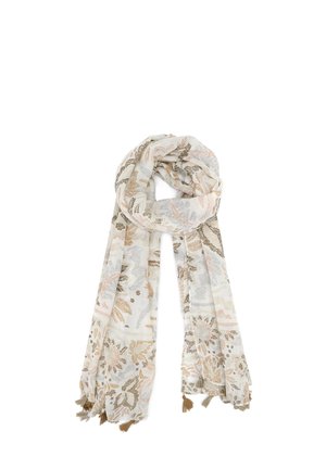 Sciarpa florale leggera in beige e tonalità pastello, caratterizzata da intricati motivi a foglia e bordo con nappine agli estremi. Adatta a qualsiasi stagione.