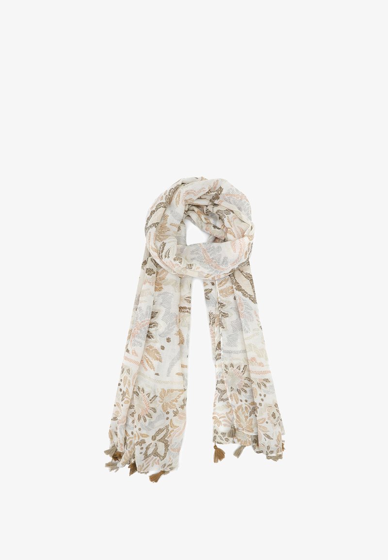 Sciarpa florale leggera in beige e tonalità pastello, caratterizzata da intricati motivi a foglia e bordo con nappine agli estremi. Adatta a qualsiasi stagione.