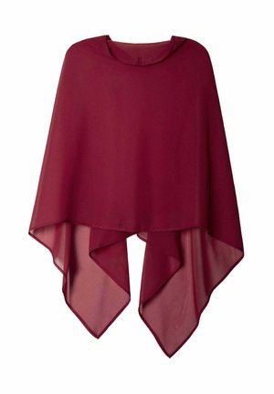 Poncho de gasa burdeos con escote redondo y dobladillo asimétrico. Tejido ligero y fluido con una textura suave y un diseño en capas.
