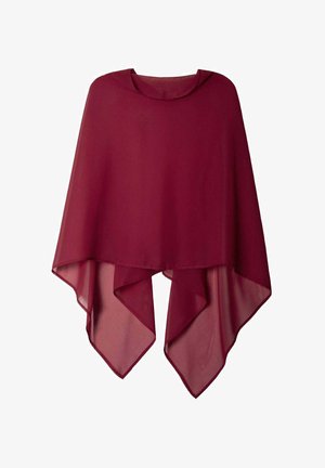Bordeauxfarbene Chiffon-Poncho mit Rundhalsausschnitt und asymmetrischem Saum. Leichter, fließender Stoff mit glatter Textur und geschichtetem Design.