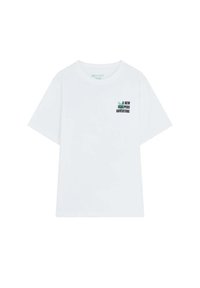 Witte T-shirt met korte mouwen, gemaakt van katoen, met een bedrukte afbeelding met de tekst "EEN NIEUWE SCALPERS AVONTUUR" in zwart en groen.