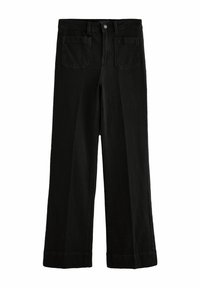Pantalons en denim noir à jambes larges avec une fermeture à bouton, des passants de ceinture et deux poches arrière. Présente une finition soignée et une texture de tissu robuste.