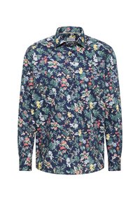 Hemd met lange mouwen met een marineblauwe achtergrond en een kleurrijk bloemenpatroon. Gemaakt van lichte stof met een gestructureerde kraag en manchetten.