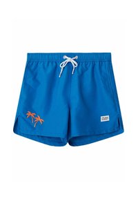 Blå badbyxor i lättviktig tyg, med ett elastiskt midjeband som har en vit dragsko och broderade ap palmträd i orange.