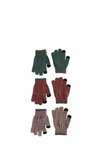 Tres pares de guantes: verdes, rojos y grises. El material es de punto con puños acanalados. Cada par tiene las puntas de los dedos en negro. Sin patrones visibles.