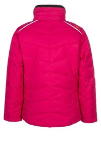 Giacca imbottita rosa con colletto alto, caratterizzata da cuciture a zigzag e dettagli bianchi lungo le spalle. Tessuto esterno liscio e lucido.