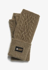 Bruine gebreide vingerloze handschoenen met een kabelpatroon en een zwart Superdry logo patch op de manchet, plat gelegd op een witte achtergrond.