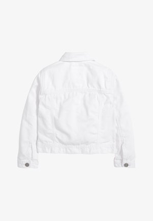 Biała kurtka dżinsowa z długimi rękawami, kołnierzem i zapięciem na guziki przy mankietach. Posiada pas z tyłu oraz dwie tylne kieszenie. Gładka tekstura, klasyczny krój.