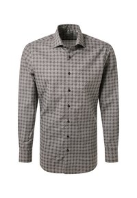 Camicia a maniche lunghe da uomo con motivo geometrico bianco e nero e colletto a punta su sfondo bianco.