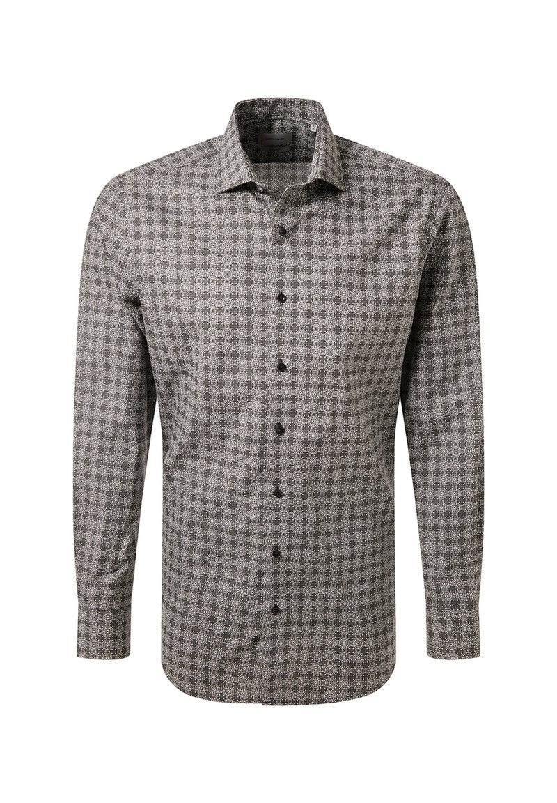 Camicia a maniche lunghe da uomo con motivo geometrico bianco e nero e colletto a punta su sfondo bianco.