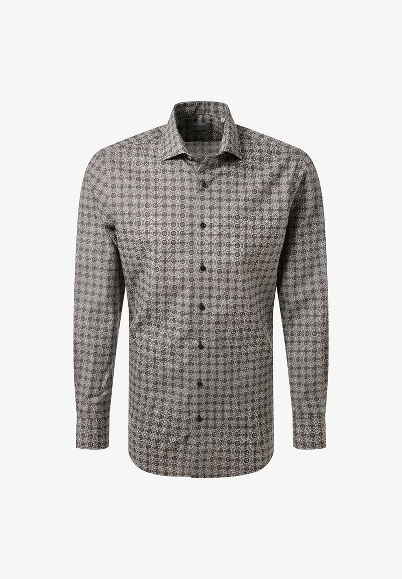 Camicia a maniche lunghe da uomo con motivo geometrico bianco e nero e colletto a punta su sfondo bianco.