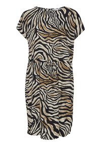 Kurzärmeliges Kleid mit einem schwarz-beigen Zebramuster, geraffter Taille mit einem Bindeband und einem lockeren, fließenden Schnitt.