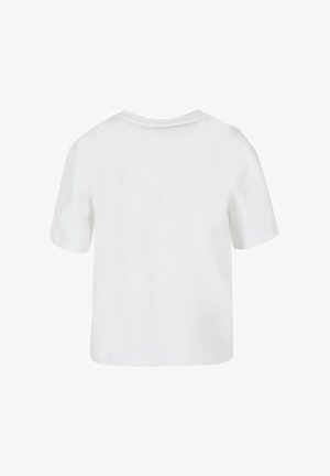 White cotton t-shirt, short sleeves, round neckline, plain design with no visible patterns or accents. Smooth texture, relaxed fit.