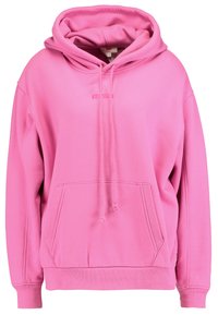Sweat à capuche en polaire rose avec une poche kangourou, des cordons de serrage, des poignets et un ourlet côtelés. Présente un logo minimaliste sur l'avant.