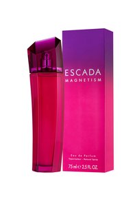 Flaske med Escada Magnetism parfyme, 75 ml. Høy, vinkelrett rosa glass med en fasettert lilla kjegle. Boksen har en gradient fra rosa til lilla.