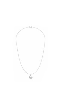 Hõbedast kettkaelakee kõverdatud ripatsiga, millel on tekstuuriga ümmargune ehe. Lihtne disain, peene metallilise viimistlusega ja reguleeritava lukuga.