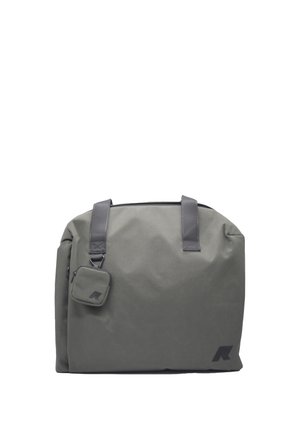 Borsa a spalla in tessuto grigio con accessori neri, dotata di chiusura a zip e due manici. Include una piccola pochette staccabile sul lato.