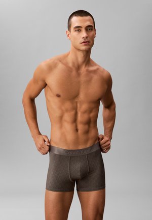 Calzoncillos bóxer marrones con estampado y una cómoda cintura suave que exhibe el logo de Calvin Klein. La tela parece lisa y ajustada al cuerpo.
