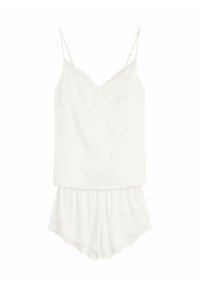 White camisole and shorts set made of smooth fabric, featuring adjustable straps, a lace trim neckline, and loose-fitting shorts.