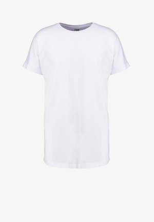 Fehér pamut póló rövid ujjakkal, kerek nyakkivágással és laza szabással. Simás textúra, látható minták vagy dizájnok nélkül.