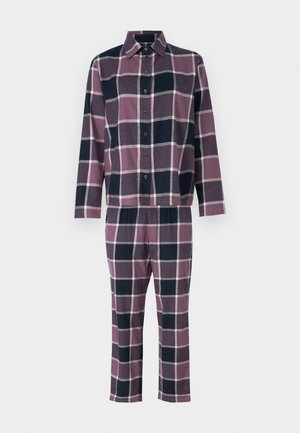Completo pigiama a due pezzi a quadri in viola, navy e grigio. Camicia a maniche lunghe con colletto e bottoni; pantaloni con cintura elasticizzata.