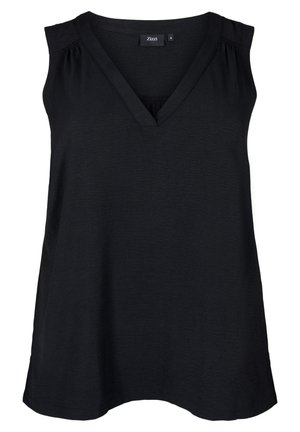 Crna bezrukavna majica s V-izrezom, izrađena od lagane tkanine. Ima naglašene nagomilane detalje na ramenima i opušteni kroj.