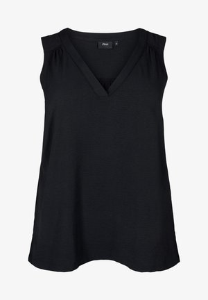 Crna bezrukavna majica s V-izrezom, izrađena od lagane tkanine. Ima naglašene nagomilane detalje na ramenima i opušteni kroj.