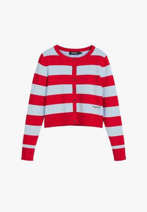 Punased ja helesinised triibulised lühikesed kardiganid ümmarguse kaelusega, nupuga eest kinni ja soonikuga randmetes. Hemmi peal on brändi logo.