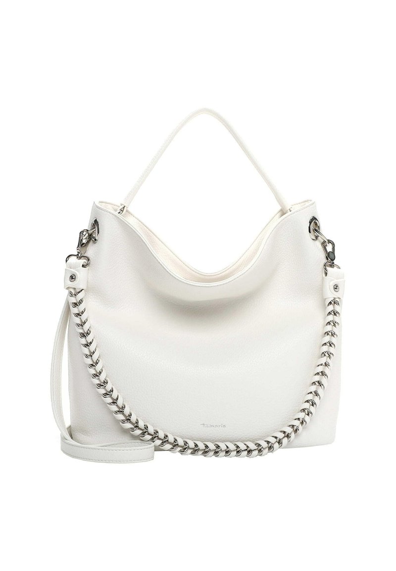 Biała skórzana torebka o miękkim fasonie, z akcentem w postaci srebrnego łańcuszka oraz regulowanym paskiem. Powierzchnia jest gładka z delikatną fakturą.