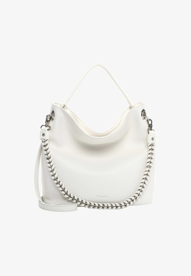 Biała skórzana torebka o miękkim fasonie, z akcentem w postaci srebrnego łańcuszka oraz regulowanym paskiem. Powierzchnia jest gładka z delikatną fakturą.