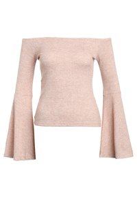 Off-the-shoulder, ribbed long-sleeve top in soft peach color, featuring flared sleeves and a fitted silhouette. Made of stretchy fabric.