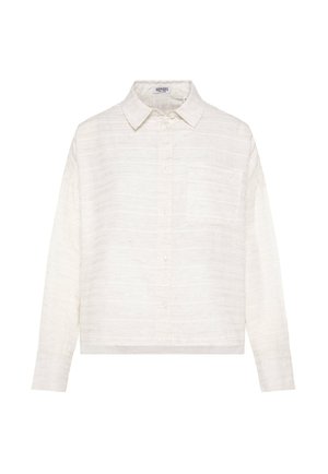 White, collared long-sleeve shirt made of textured fabric. Features a button front and single chest pocket. Cropped design with straight hem.