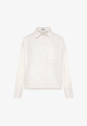 White, collared long-sleeve shirt made of textured fabric. Features a button front and single chest pocket. Cropped design with straight hem.