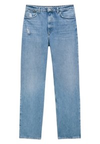 Jeans de pierna recta azul claro, hechos de mezclilla con un acabado desgastado y un ligero desgarro. Presentan un cierre de botón y un diseño estándar de cinco bolsillos.