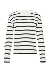 Maglione bianco a maniche lunghe con strisce orizzontali nere, texture a coste, colletto a girocollo e spacchi laterali all'orlo.
