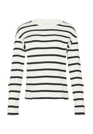 Weißer Pullover mit langen Ärmeln, schwarzen horizontalen Streifen, gerippter Textur, Rundhalsausschnitt und seitlichen Schlitzen am Saum.