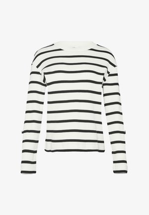 Valge pikkade varrukatega sviiter mustade horisontaalsete triipudega, soonikkoes, ümmarguse kaelusega ja servades lõhega.