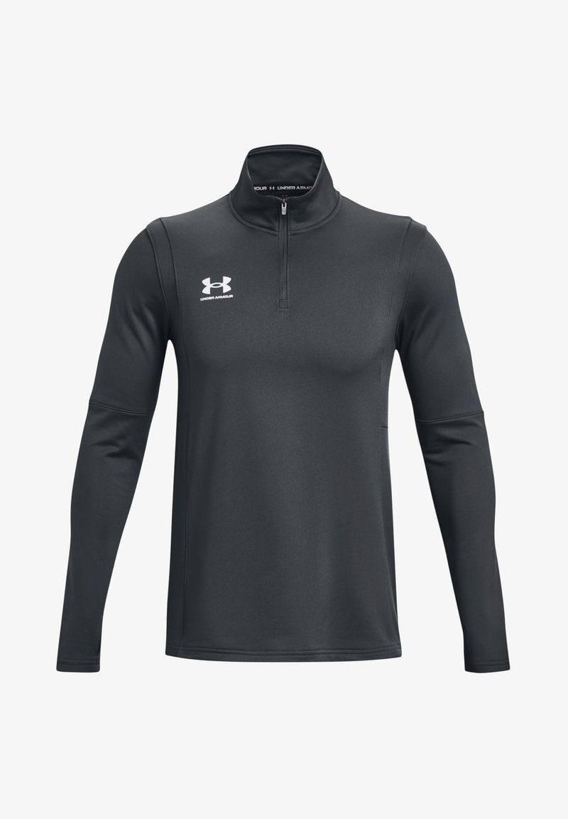 Czarna, długosleeve'owa koszulka sportowa z ćwierć zamkiem, wykonana z gładkiego, elastycznego materiału; posiada białe logo Under Armour na klatce piersiowej.