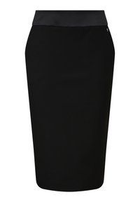 Schwarzer Bleistiftrock mit glattem Stofffinish, taillierter Passform und breitem Bund. Mit einem kleinen metallischen Logodetail.