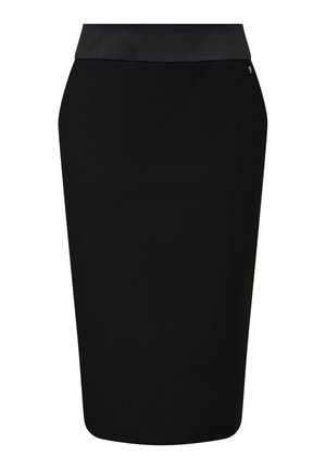 Schwarzer Bleistiftrock mit glattem Stofffinish, taillierter Passform und breitem Bund. Mit einem kleinen metallischen Logodetail.