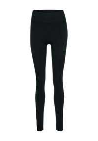 Zwarte leggings met een hoge, gladde tailleband, gemaakt van rekbare stof. Heeft een aansluitend ontwerp en geen zichtbare patronen of opvallende details.