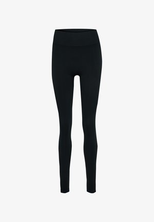 Czarne legginsy z wysokim, gładkim pasem, wykonane z elastycznego materiału. Charakteryzują się dopasowanym krojem i brakiem widocznych wzorów lub akcentów.