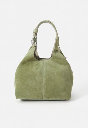 Green suede handbag with a rounded shape, single handle, and silver hardware accents. Smooth texture with a clean, minimal design.