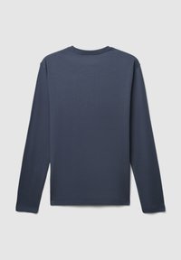 T-shirt a maniche lunghe in cotone blu navy, con colletto girocollo, texture liscia e senza motivi o decorazioni visibili sul retro.